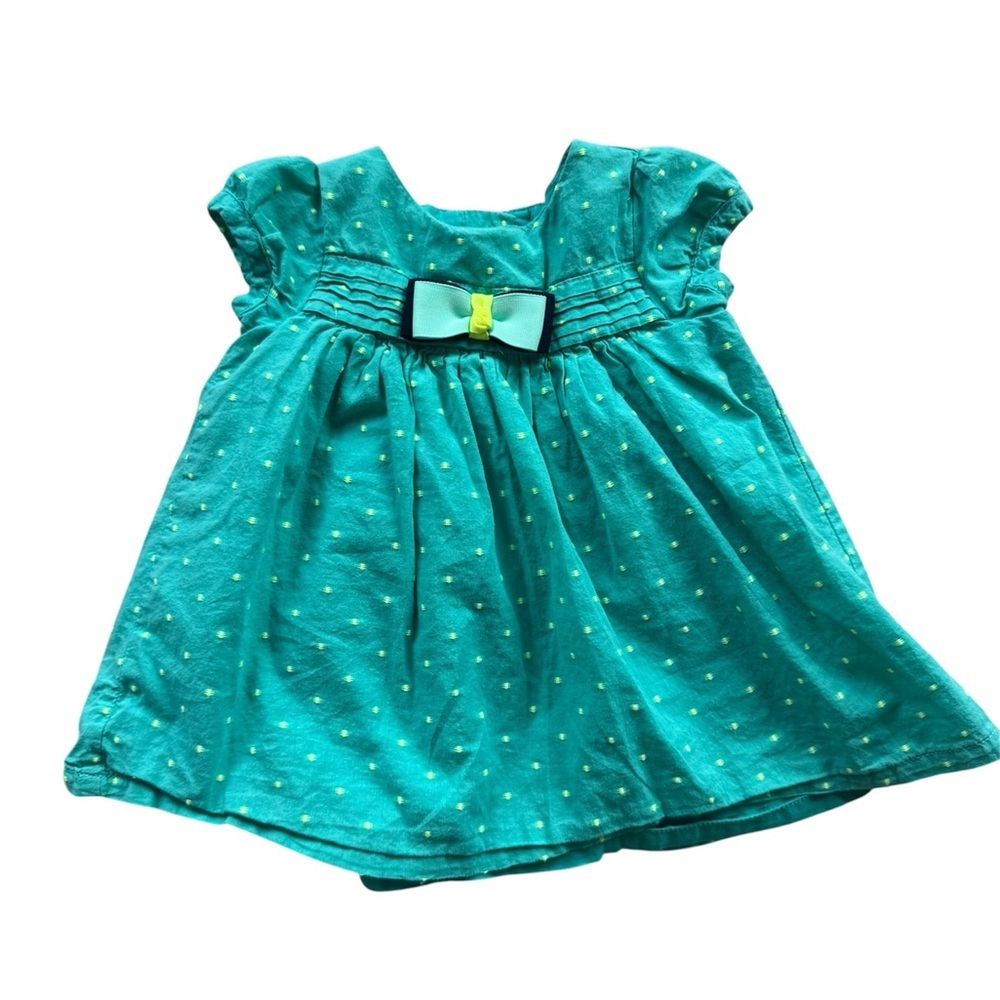 Baby Girl Teal Polka Dot Dress Bow Detail Short Sleeve sundress Size 3-6 months